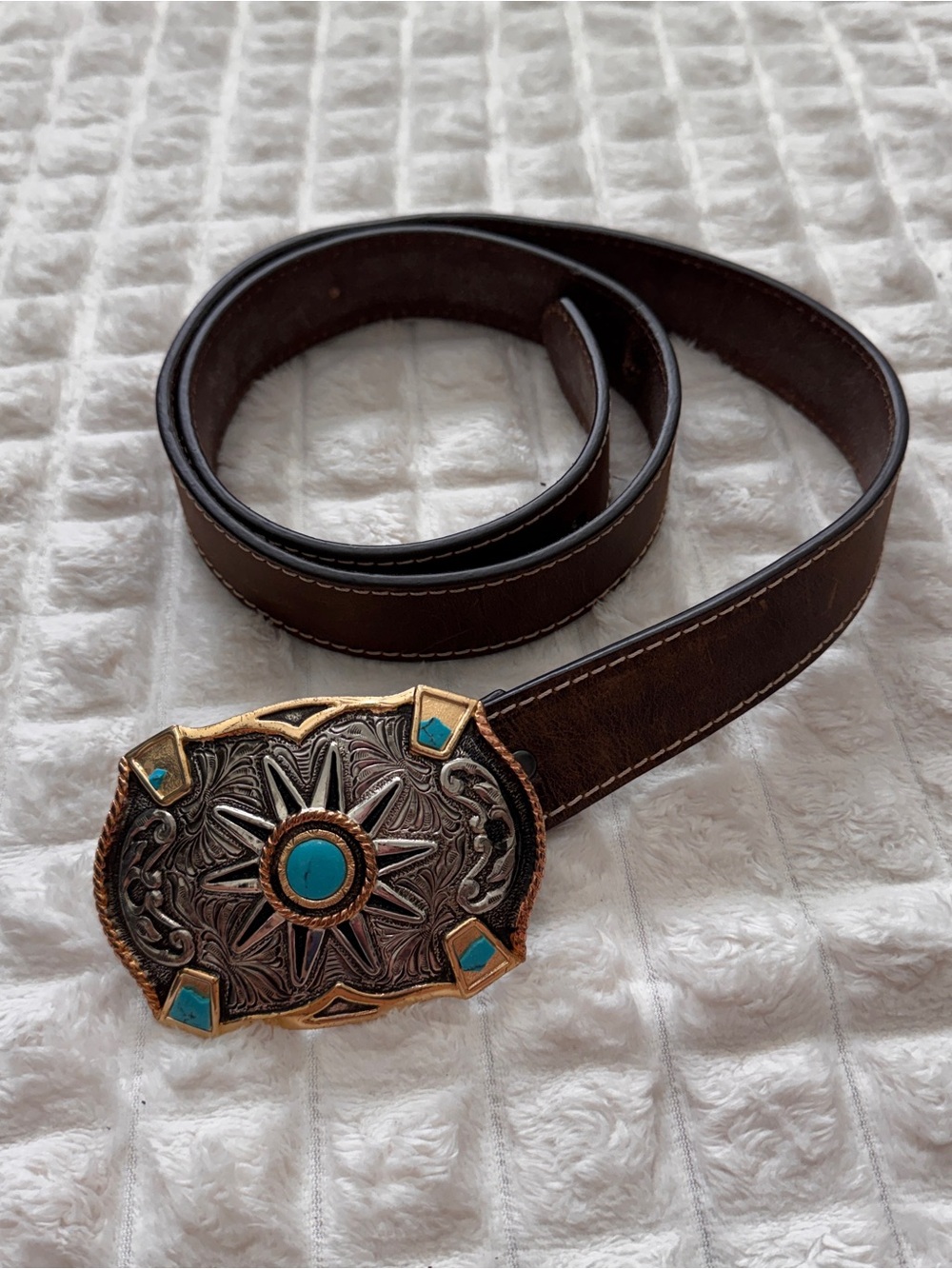 Crumrine Cowboy Rowel Belt Buckle Turquoise & Ariat XL Brown Leather Belt